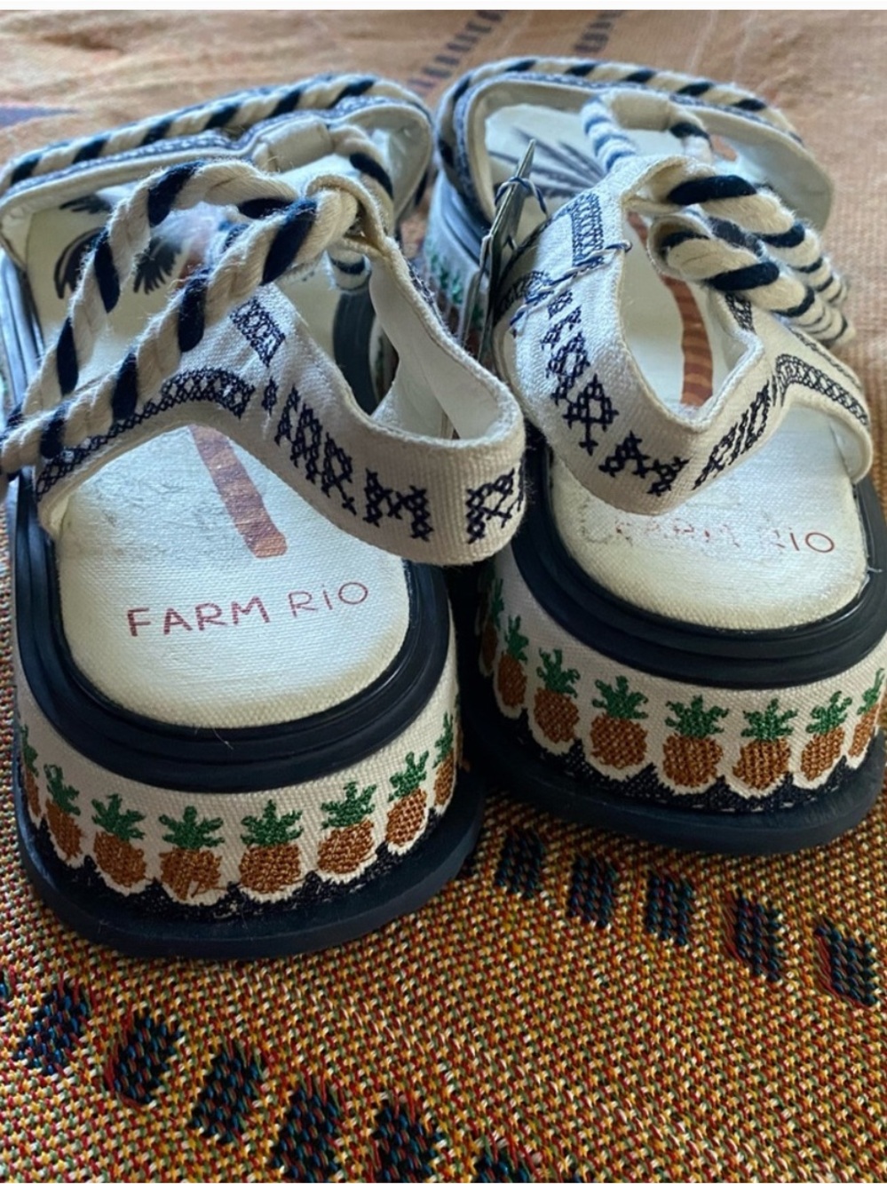 FARM Rio Cream and Navy Embroidered Platform Sandals with Pineapple Trim - Picture 3 of 9